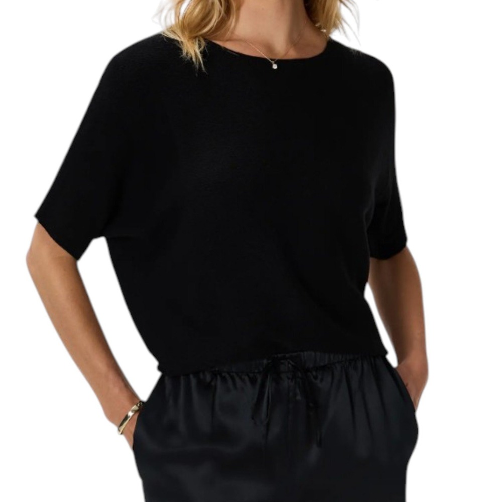 Quince Lightweight Cotton Cashmere Link-Stitch Dolman Sweater Womens M Black NEW